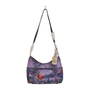 Anuschka hand painted leather hobo shoulder bag purple peonies & paisley New NWT